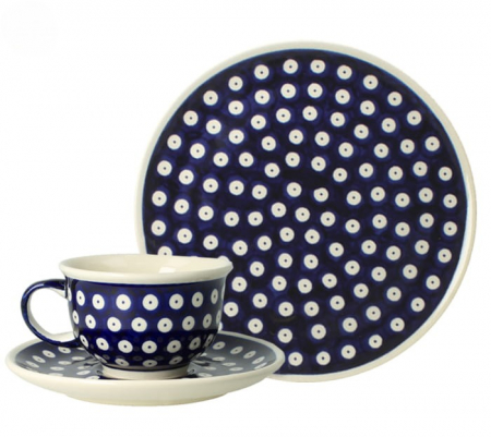 Colectia Blue Eyes - Set mic dejun pentru o persoana, ceasca cu farfuriuta pentru cafea + farfurie 16 cm, Blue Eyes, ceramica pictata manual