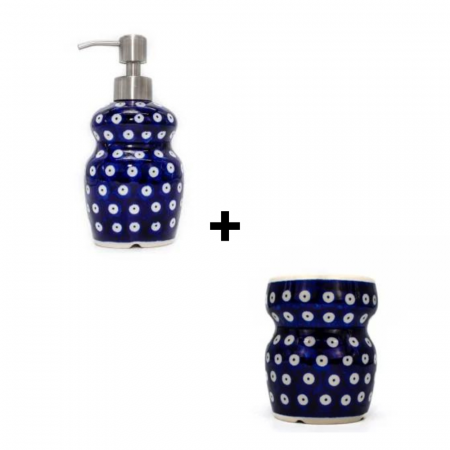 Set pentru baie, dozator sapun lichid si suport periute de dinti, Blue Eyes, ceramica smaltuita, pictata manual