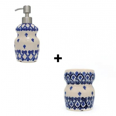 Ceramica Baie - Set pentru baie, dozator sapun si suport periute de dinti, Blue Harmony, ceramica smaltuita, pictata manual