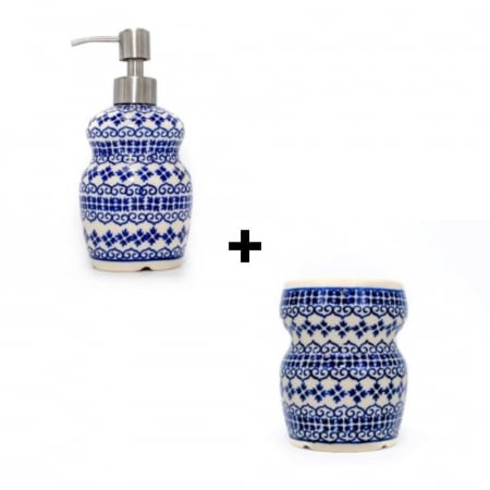 Ceramica Baie - Set pentru baie, dozator sapun si suport periute de dinti, Blue Laces, ceramica smaltuita, pictata manual