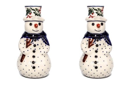 Set pentru Craciun, 2 sfesnice/suport lumanare "om de zapada" Mistletoe, ceramica poloneza pictata manual [0]