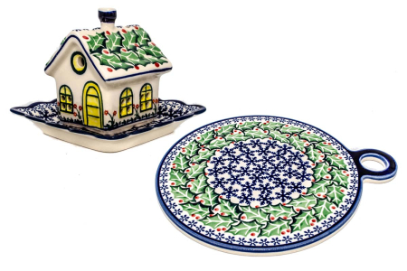 Set pentru Craciun, Snowflakes Leaves, candela+platou, ceramica poloneza pictata manual [0]