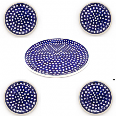 Set pentru tort,  platou si 4 farfurii desert, Blue Eyes, ceramica glazurata, pictata manual