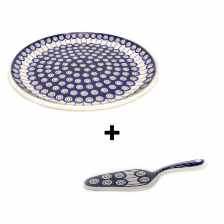 Set pentru tort, platou si paleta de servire, Peacock Eyes, ceramica glazurata, pictata manual