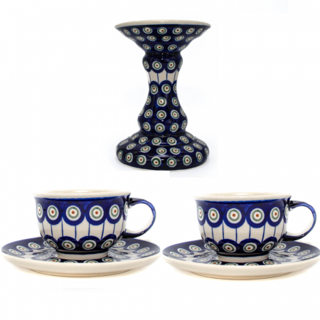 Accesorii decorative ceramica - Set "romance" Peacock Eyes, sfesnic/suport lumanare+2 cesti pentru cafea cu farfurie, ceramica manual