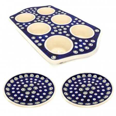 Farfurii - Set tava briose si doua farfurii, Blue Peacock Eyes, ceramica pictata manual