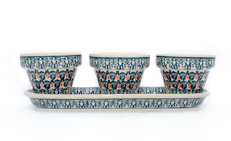 Set trei ghivece cu farfurie Flower Bed, ceramica smaltuita, pictate manual [3]