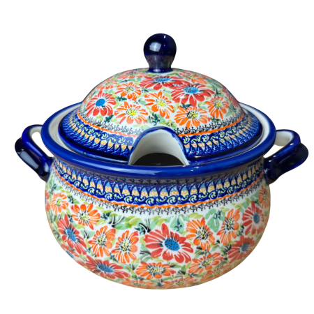 Colectia Hibiscus Drops - Supiera cu capac, Flower Jungle, ceramica smaltuita, pictata manual, volum 3 L