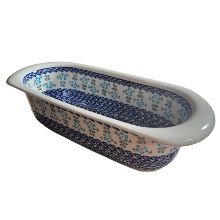 Tavi de copt - Tava cozonac Forget-me-nots, ceramica smaltuita, pictata manual, 39,0 x 17,5 cm