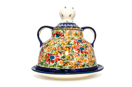 Platou cu capac  "figurina" pentru branzeturi / unt ,  Flower Jungle, ceramica smaltuita, pictata manual, 11,0 x 19,0 cm [1]