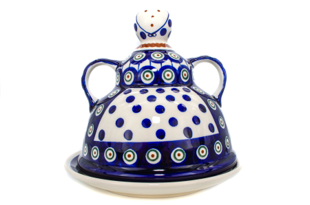 Platou cu capac  "figurina" pentru branzeturi / unt  Peacock Eyes, ceramica smaltuita, pictata manual, 17,4 x 19,2 cm [1]