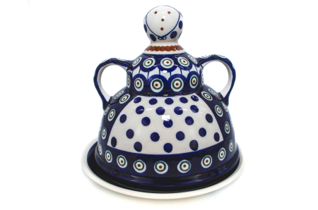 Platou cu capac  "figurina" pentru branzeturi / unt  Peacock Eyes, ceramica smaltuita, pictata manual, 17,4 x 19,2 cm [0]