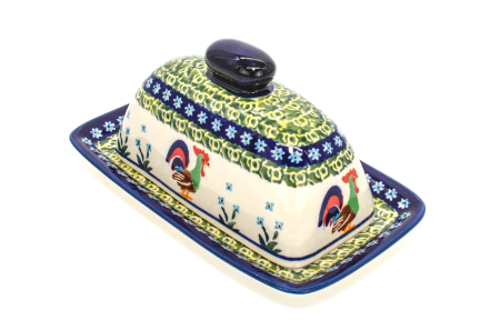 Untiera dreptunghiulara cu capac Vintage Rooster, ceramica smaltuita, pictata manual 11,1 x 19,1 cm [0]