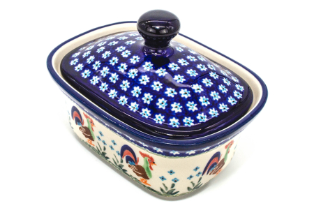 Untiera dreptunghiulara cu capac Vintage Rooster, ceramica smaltuita, pictata manual,12,5 x 15,0 x 12 cm [0]