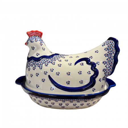 Vas cu capac pentru cuptor in forma de "gaina" Blue Field, ceramica smaltuita, pictat manual [5]