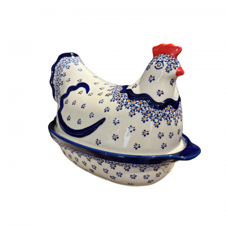 Vas cu capac pentru cuptor in forma de "gaina" Blue Field, ceramica smaltuita, pictat manual [0]