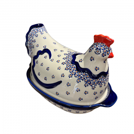 Vas cu capac pentru cuptor in forma de "gaina" Blue Field, ceramica smaltuita, pictat manual [2]