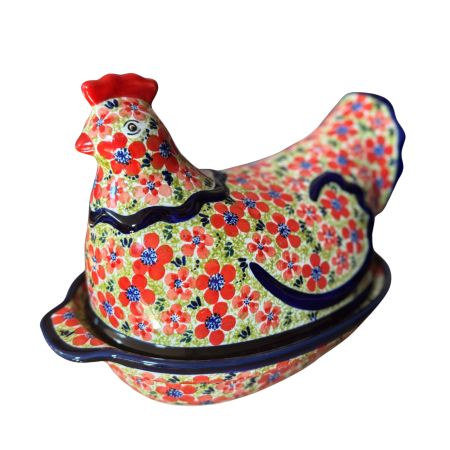 Vas cu capac pentru cuptor in forma de "gaina" , Fire Poppies, ceramica smaltuita, pictata manual [6]