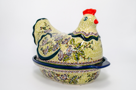 Vas cu capac pentru cuptor in forma de "gaina" Flower Branch, ceramica smaltuita, pictat manual [0]