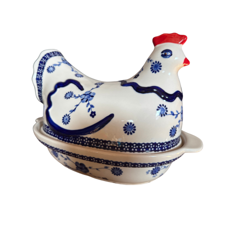 Vas cu capac pentru cuptor in forma de "gaina" , Little Blue Flowers, ceramica smaltuita, pictata manual [2]