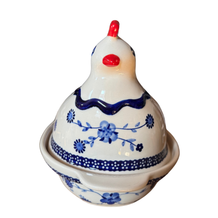 Vas cu capac pentru cuptor in forma de "gaina" , Little Blue Flowers, ceramica smaltuita, pictata manual [10]