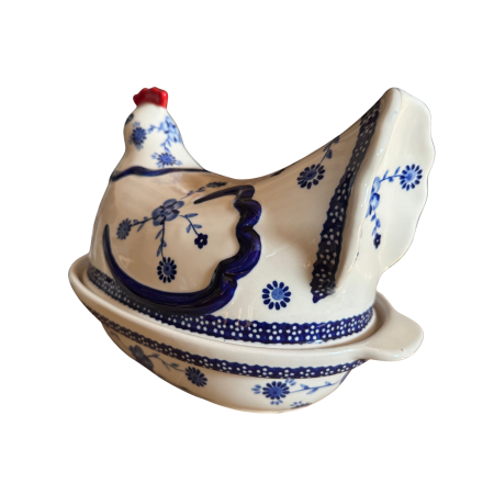 Vas cu capac pentru cuptor in forma de "gaina" , Little Blue Flowers, ceramica smaltuita, pictata manual [9]