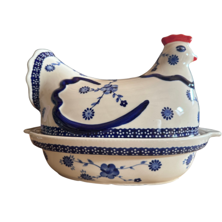 Vas cu capac pentru cuptor in forma de "gaina" , Little Blue Flowers, ceramica smaltuita, pictata manual [1]