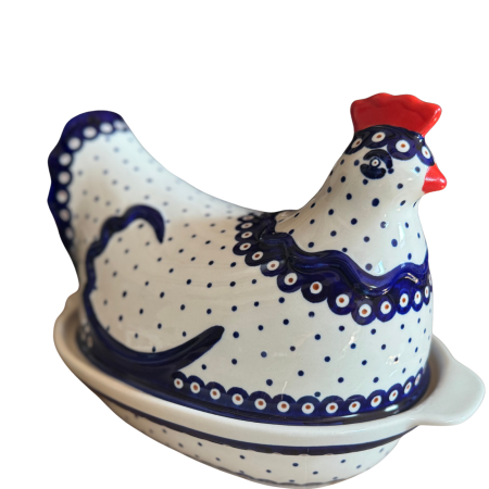 Vase cu capac - Vas cu capac pentru cuptor in forma de "gaina" , Peacock Dots, ceramica smaltuita, pictata manual