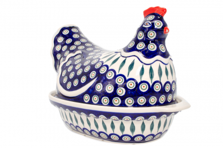 Vas cu capac pentru cuptor in forma de "gaina" Peacock Tear Drops, ceramica smaltuita, pictat manual [0]