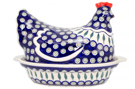 Vas cu capac pentru cuptor in forma de "gaina" Peacock Tear Drops, ceramica smaltuita, pictat manual [1]