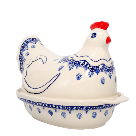 Vase cu capac - Vas cu capac pentru cuptor in forma de "gaina" Sweet Blue, ceramica smaltuita, pictata manual
