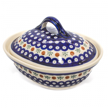 Vase cu capac - Vas cuptor, oval, capac, Blue Eyes Festive, ceramica smaltuita, pictata manual, 21,5 x 26,0 cm, volum 1,2 L