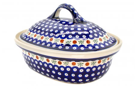 Vase cu capac - Vas cuptor oval capac, Blue Eyes Festive, ceramica smaltuita, pictata manual, 25,5 x 31,8 cm, volum 2,2 L