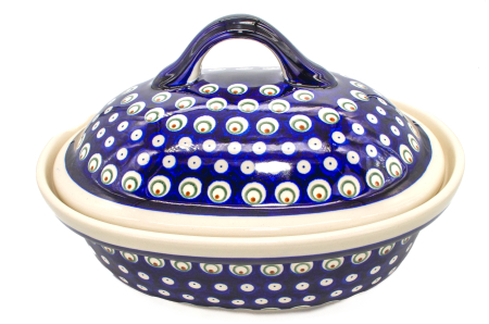 Vas cuptor, oval, capac, Blue Peacock Eyes, ceramica smaltuita, pictata manual, 25,5 x 31,8 cm, volum 2,2 L [6]