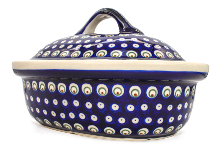 Vas cuptor, oval, capac, Blue Peacock Eyes, ceramica smaltuita, pictata manual, 25,5 x 31,8 cm, volum 2,2 L [2]