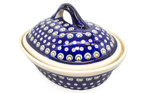 Vas cuptor, oval, capac, Blue Peacock Eyes, ceramica smaltuita, pictata manual, 25,5 x 31,8 cm, volum 2,2 L [7]