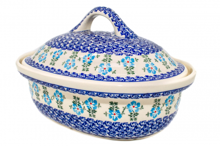 Vas cuptor oval capac, Forget-me-nots, ceramica smaltuita, pictata manual, 25,5 x 31,8 cm, volum 2,2 L [0]