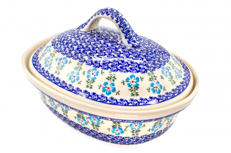 Vas cuptor oval capac, Forget-me-nots, ceramica smaltuita, pictata manual, 25,5 x 31,8 cm, volum 2,2 L [3]