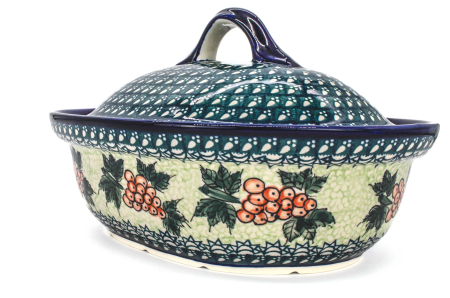 Vas cuptor, oval, capac, Grape Vine, ceramica smaltuita, pictata manual, 21,5 x 26,0 cm, volum 1,2 L [0]