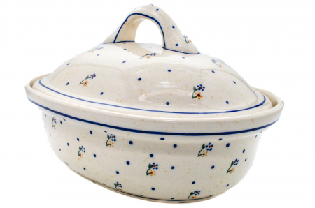 Vase cu capac - Vas cuptor oval capac, Little Flowers, ceramica smaltuita, pictata manual, 25,5 x 31,8 cm, volum 2,2 L