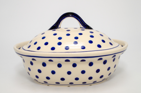 Vas cuptor Blue Dots, oval, cu capac, ceramica smaltuita, pictata manual, 21,5 x 26,0 cm, volum 1,2 L [0]