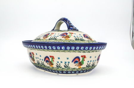 Vas cuptor Vintage Rooster, oval, cu capac , ceramica smaltuita, pictat manual, 21,5 x 26,0 cm, volum  1,2 L [4]