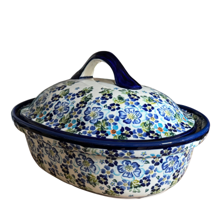 Vas oval cu capac pentru cuptor Blue Garden, ceramica smaltuita, pictat manual, 25,5 x 31,8, volum  2,2 L [2]