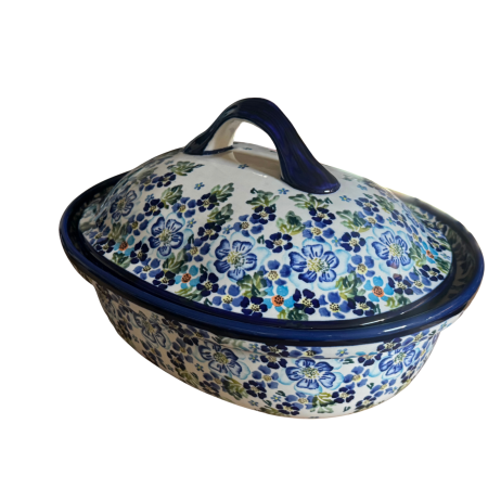 Vas oval cu capac pentru cuptor Blue Garden, ceramica smaltuita, pictat manual, 25,5 x 31,8, volum  2,2 L [3]