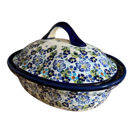 Colectii Artistice - Vas oval cu capac pentru cuptor Blue Garden, ceramica smaltuita, pictat manual, 25,5 x 31,8, volum  2,2 L