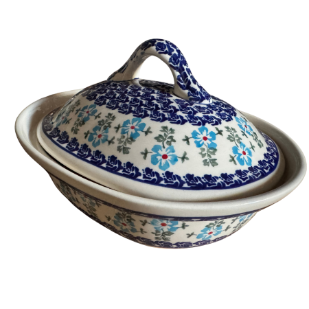 Vas oval cu capac pentru cuptor Forget-me-nots, ceramica smaltuita, pictat manual, 21,5 x 26,0 cm, volum  1,2 L [5]
