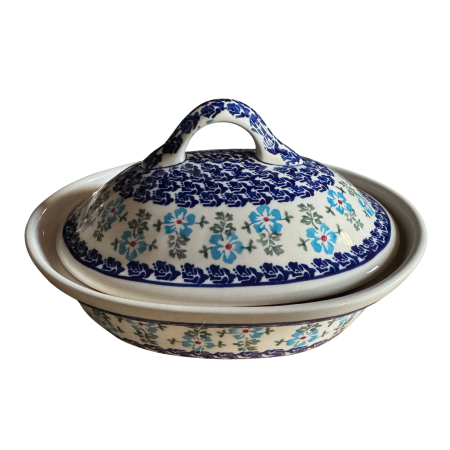Vas oval cu capac pentru cuptor Forget-me-nots, ceramica smaltuita, pictat manual, 21,5 x 26,0 cm, volum  1,2 L [1]