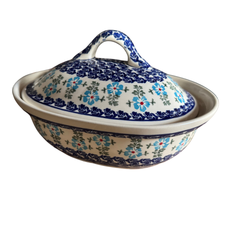 Vas oval cu capac pentru cuptor Forget-me-nots, ceramica smaltuita, pictat manual, 21,5 x 26,0 cm, volum  1,2 L [3]