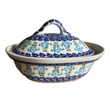 Vas oval cu capac pentru cuptor Forget-me-nots, ceramica smaltuita, pictat manual, 21,5 x 26,0 cm, volum  1,2 L [2]