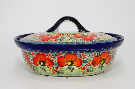 Vas oval cu capac pentru cuptor Poppies Bouquet, ceramica smaltuita, pictat manual, 22,0 x 26,0 cm, volum  1,2 L [1]